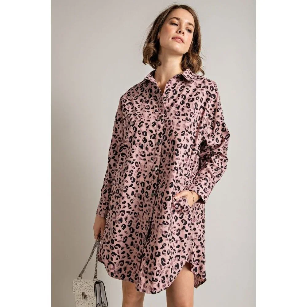 Easel Mauve Leopard Animal Printed Collared Neck Shirt Button Down Front Dress - Picture 4 of 5